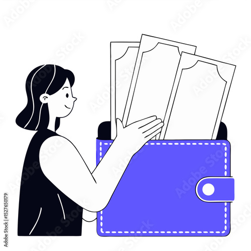 Girl hold piece of money. Wallet with gold coins and banknotes. Financial literacy and economic. Concept of wealth, savings and earnings money. Investment and finance management. Vector illustration