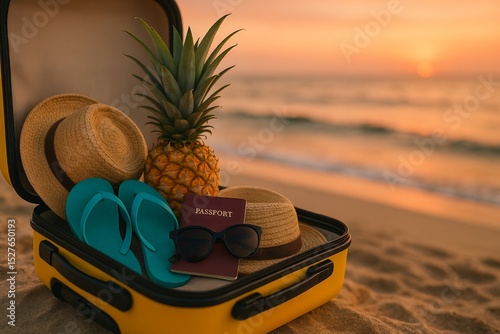 Fototapeta Naklejka Na Ścianę i Meble -  Beach Vacation Ready: Suitcase Packed with Essentials for Tropical Getaway at Sunset, Passport, Pineapple, Hats and Flip-Flops in Scenic Ocean Setting
