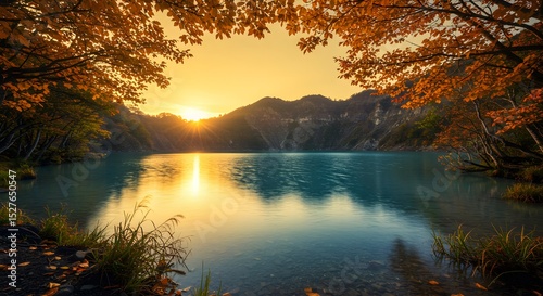 A lake in caldera mountain with sunset scenery in autumn season, generated by Ai