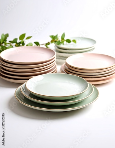 Pastel Pink and Green Ceramic Plates with Gold Rimmed Edges