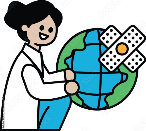 A woman is holding a globe and a box of bandages