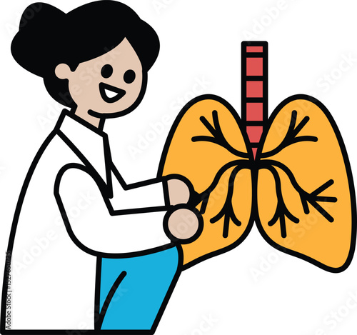 A cartoon of a woman in a white lab coat holding a lung