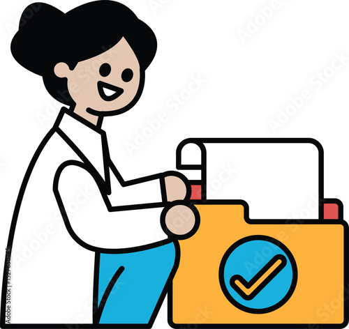 A woman is sitting in front of a file cabinet with a smile on her face