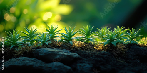 Row of small green succulents grows vibrantly on moss covered rock, illuminated by soft sunlight. background is blurred, highlighting plants intricate details and fresh appearance
