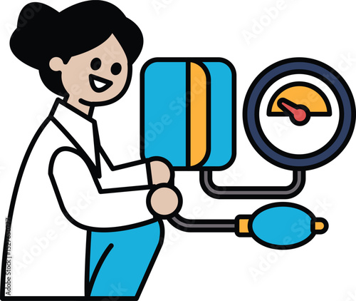 A woman is sitting in a white lab coat and holding a blood pressure cuff
