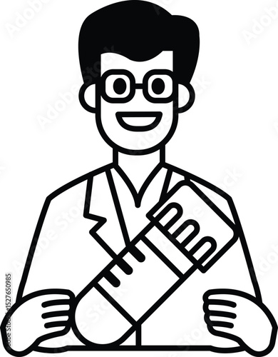 A man in a lab coat holding a thermometer