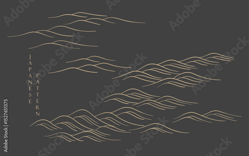 Japanese background with hand drawn wave elements vector. Gold line pattern with ocean object in vintage style.