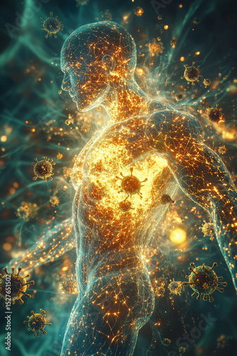 A radiant human body surrounded by a transparent energy shield, golden immune cells glowing and protecting from dark viral particles, vibrant colors, futuristic biological defense system