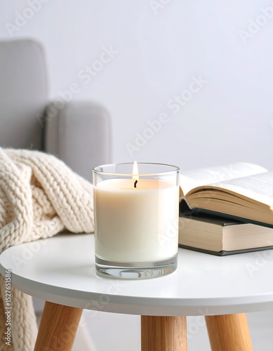 Lit Candle on White Side Table with Knit Blanket and Open Book