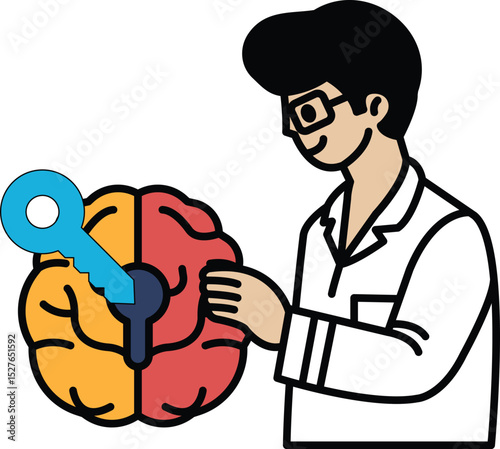 A man is holding a key in front of a brain