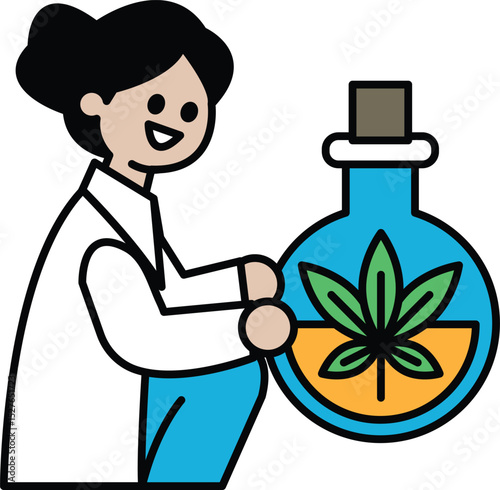 A woman in a lab coat holding a vase with a plant inside
