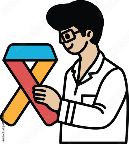 A man is holding a ribbon with the letters X and Y on it