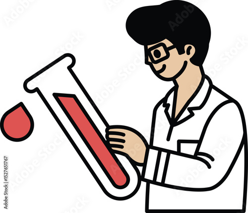 A man in a lab coat is holding a test tube with red liquid in it
