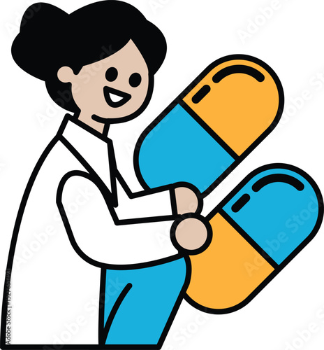A cartoon of a woman holding two pills, one blue and one orange