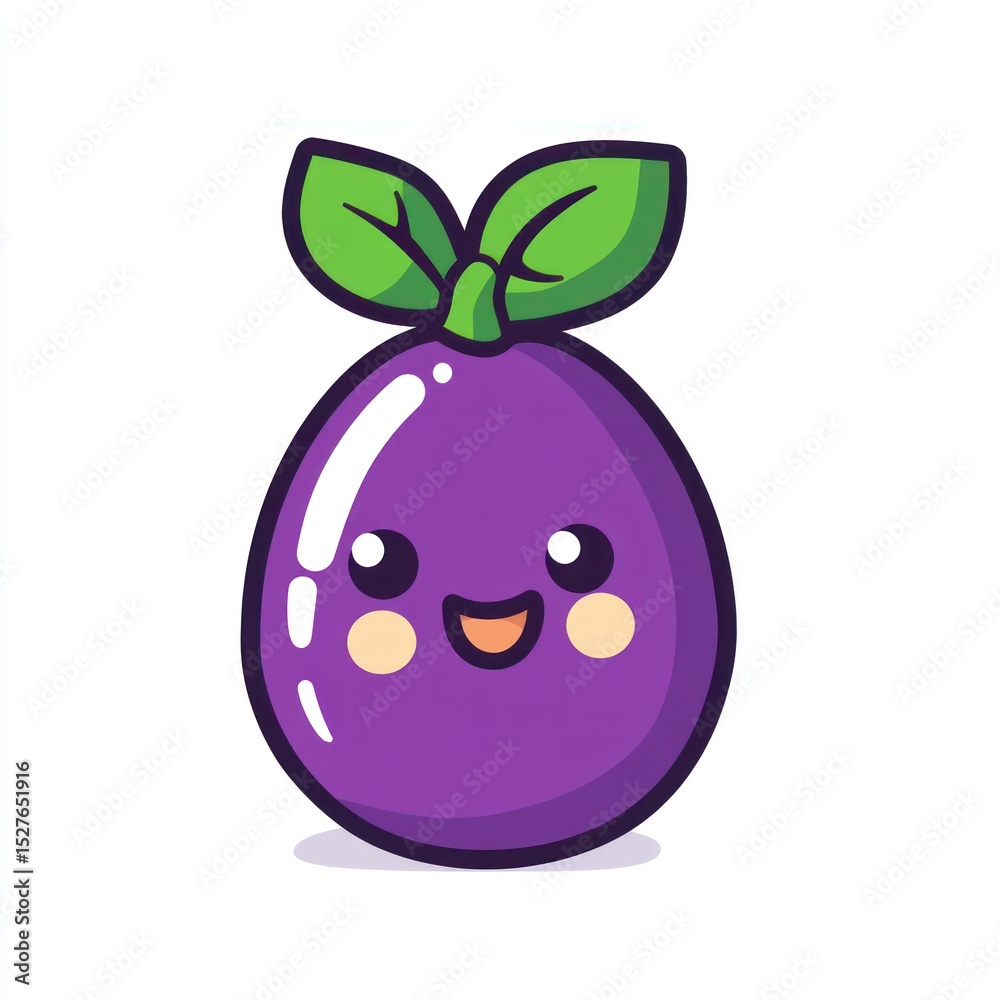 Obraz premium Cute cartoon plum with leaves and a smile