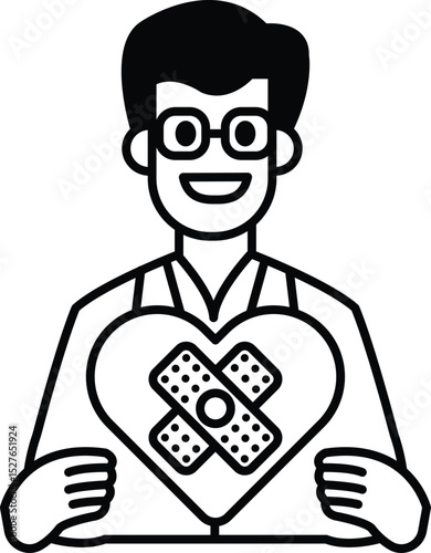 A man is holding a heart with bandages on it