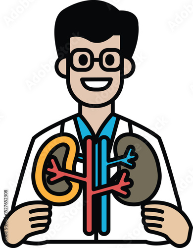 A man in a white lab coat holding up a model of a kidney