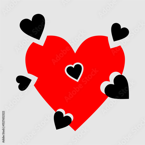 A red heart vector with several small black hearts surrounding it and overlapping, symbolizing love and contrast.