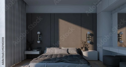 Luxury Bedroom Timelapse Animation, Natural to Artificial Lighting, Wood, Beigeand White, 4K Render
