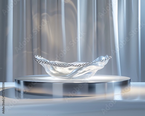 Elegant Glass Sculpture on Silver Pedestal Modern Art Display with Chain Detail
