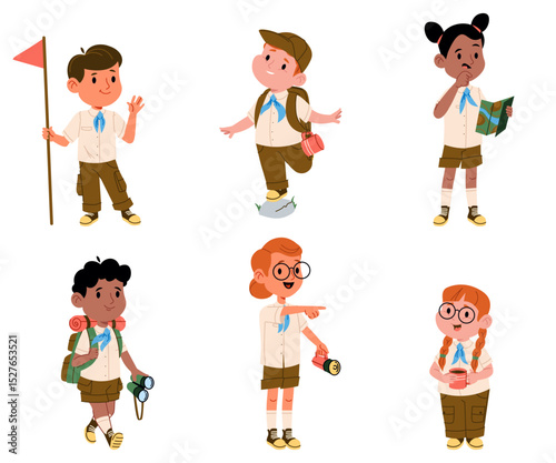 Happy scouts little children cartoon characters enjoying summer vacation with camping adventure