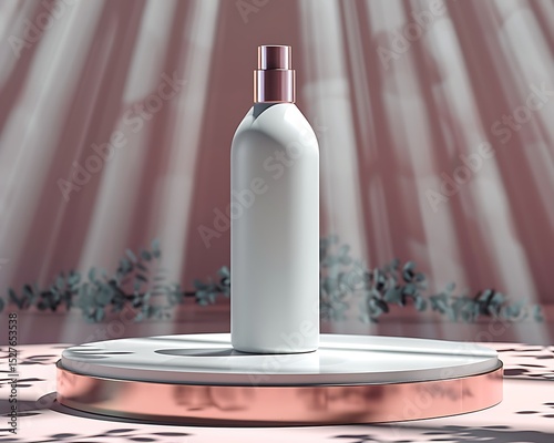 Elegant White Cosmetic Bottle Mockup on Rose Gold Display Stand Perfect for Beauty Product Branding