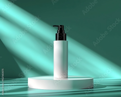Elegant White Pump Bottle Mockup on a Circular Pedestal Against a Teal Background Sunlight Beams Illuminate the Scene
