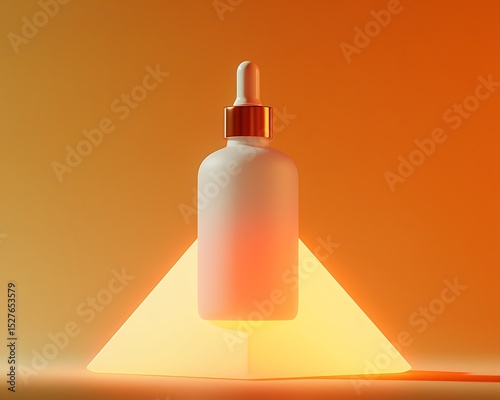 Elegant White Dropper Bottle on Illuminated Triangle Platform Skincare Product Mockup