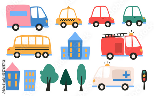 Car, fire engine, ambulance, taxi, public city transport and building construction isolated set