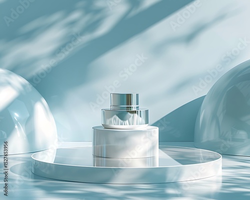 Elegant Silver Cosmetic Jars on Modern Minimalist Display Platform Light Blue Background