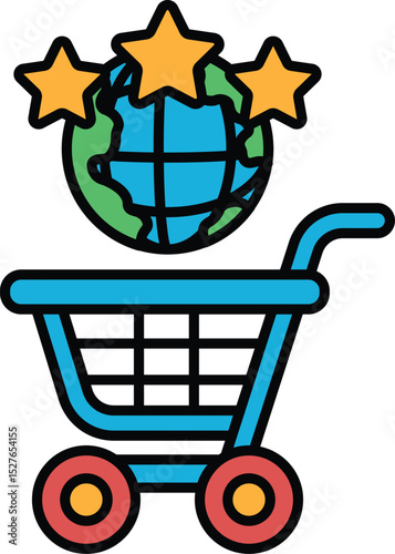 A blue shopping cart with a globe and three stars on top