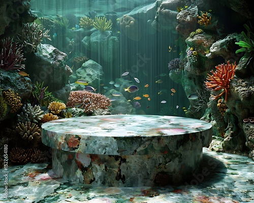 Serene Underwater Scene with a Stone Platform Ideal for Product Display Vibrant Coral Reef Fish