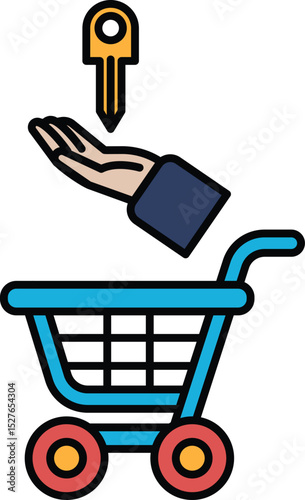 A hand is holding a key above a shopping cart
