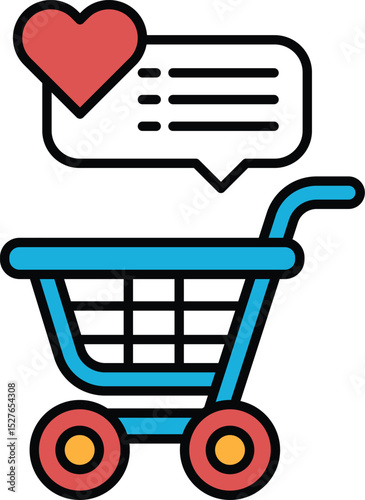 A blue shopping cart with a heart on it and a speech bubble saying "I love you"