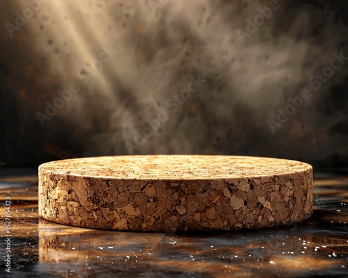 Rustic Cork Display Platform on Dark Background Perfect for Product Showcase or Presentation