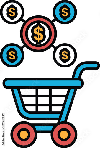 A shopping cart with a bunch of money in it