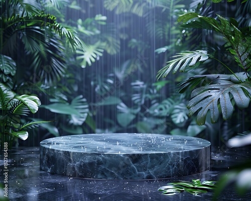 Serene Rainforest Scene Dark Green Marble Pedestal in Tropical Downpour