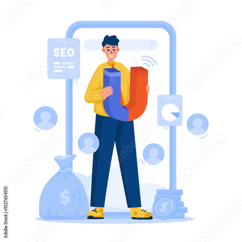 Magnetism on digital marketing SEO strategy vector illustration