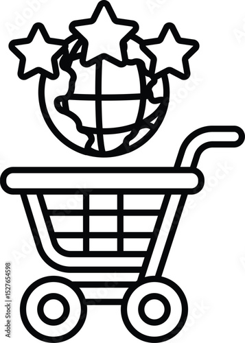 A black and white image of a shopping cart with three stars on it