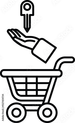 A hand is holding a key above a shopping cart