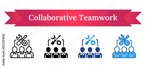 Collaborative Teamwork Multi Style - Group of people with tools above representing collaborative teamwork and shared skills