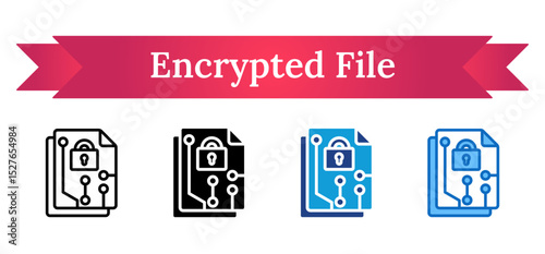 Encrypted File Multi Style - document with circuit and padlock elements, symbolizing secure digital data or encryption
