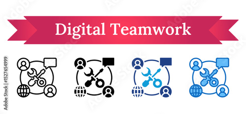 Digital Teamwork Multi Style - Network of tools and user connections symbolizing global collaboration and digital teamwork
