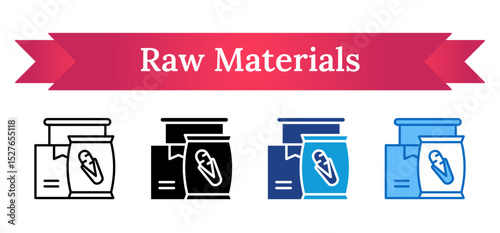 Raw Materials Multi Style - sack with corn, box, and drum symbolizing agricultural or industrial raw materials used for production