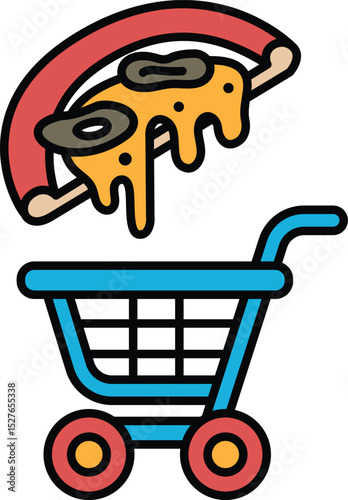 A cartoon of a pizza with cheese and olives on top of a pizza box