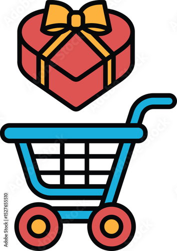 A blue shopping cart with a red box on top of it