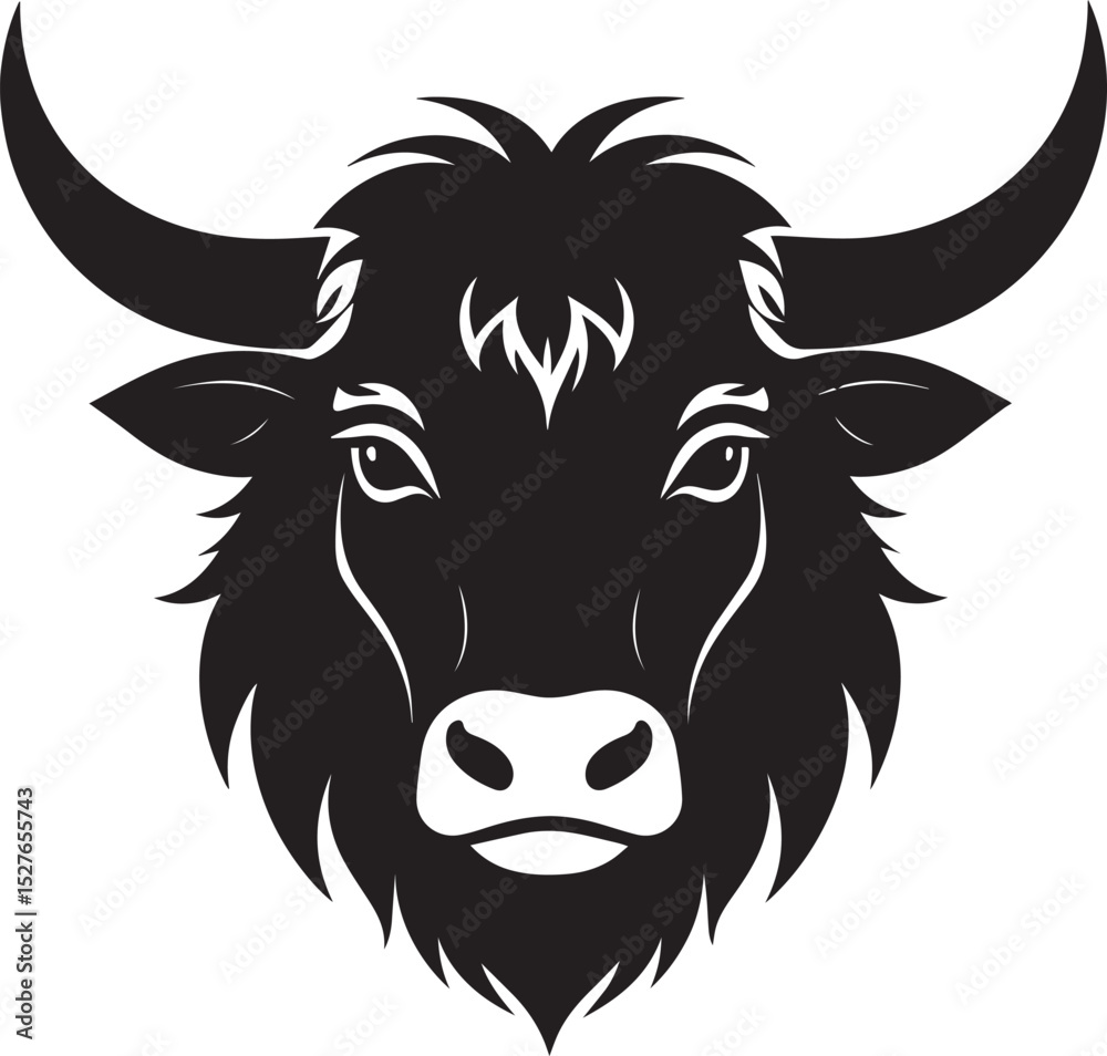 Fototapeta premium Yak Head in Silhouette Vector | Strong Black Vector Art for Rustic Animal Illustration