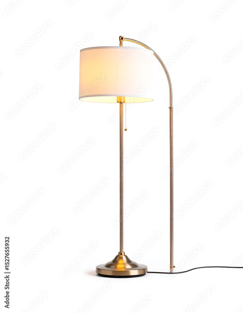 Obraz premium Sleek Brass Floor Lamp with Curved Arm and Off-White Shade