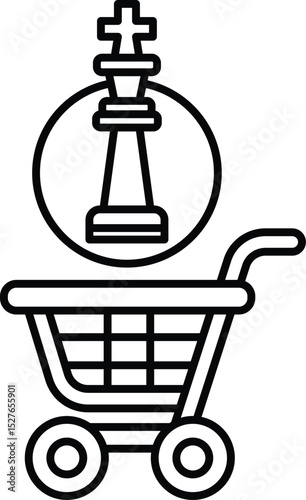 A black and white image of a shopping cart with a chess piece on top of it