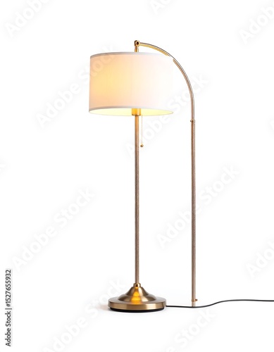 Sleek Brass Floor Lamp with Curved Arm and Off-White Shade